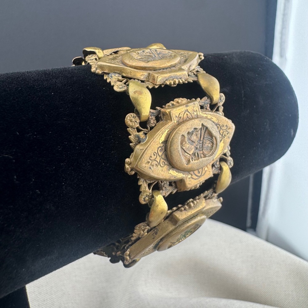 Vintage Panel Bracelet Etruscan Revival Brass Classical Motif Karu Fifth Ave 6.5